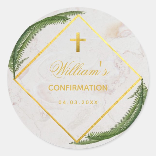 Adesivo Confirmação Green Fern Faux Dourado Marble Elegant (Frente)