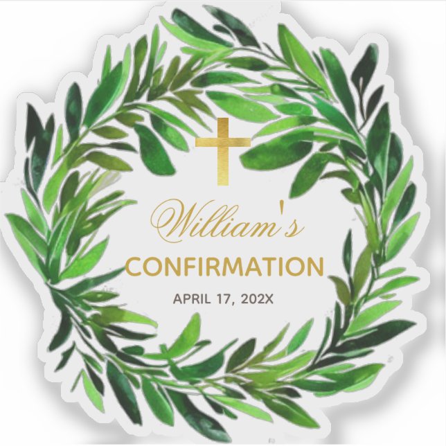 Adesivo Confirmação Greenery Wreath Faux Gold Foil Cross (Frente)