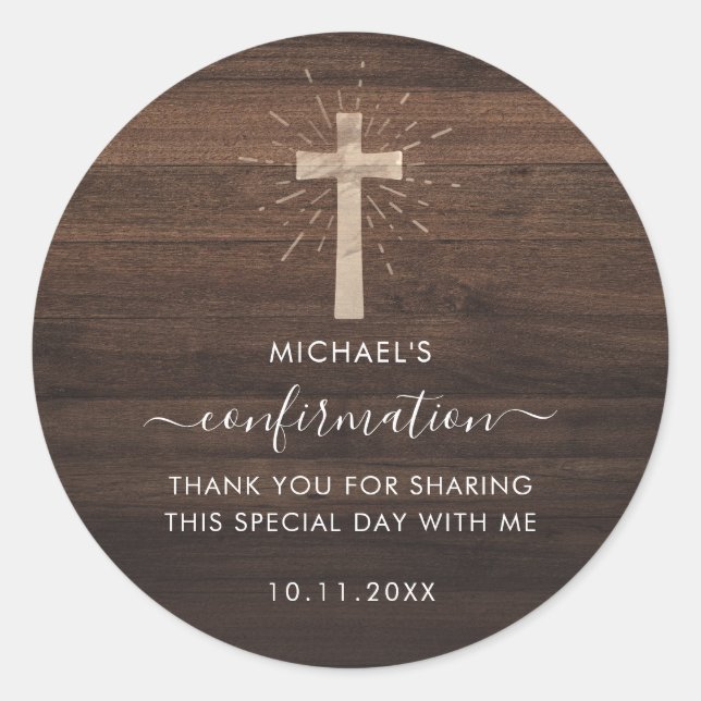 Adesivo Confirmação Rustic Wood Cross Personalizada (Frente)
