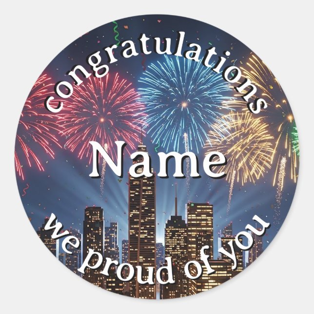 Adesivo Congratulations Custom Name Fireworks City Skyline (Frente)