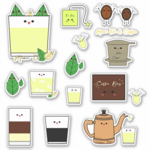Adesivo Conjunto de 15 Kawaii Café e Chá Vietnamita