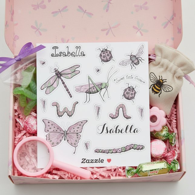 Adesivo Conjunto de 18 Pequenos Critério Bonito, Rosa-Rosa (Pink and Green Insect Stickers for Bugs Theme Birthday for Kids. Butterfly, Dragonfly, Ladybug, Bee)