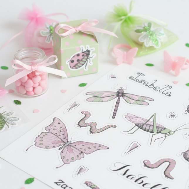Adesivo Conjunto de 18 Pequenos Critério Bonito, Rosa-Rosa (Cute Girly Insect Stickers for Kids. Pretty Pastel Pink & Green Butterfly & Ladybug Illustration)