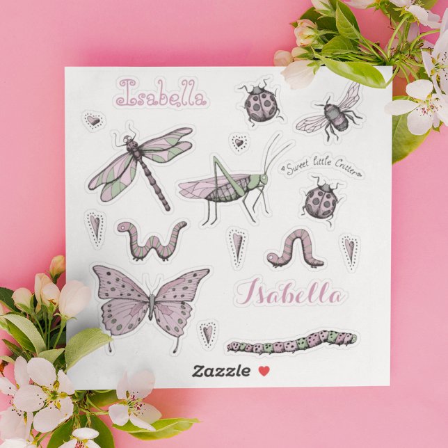 Adesivo Conjunto de 18 Pequenos Critério Bonito, Rosa-Rosa (Adorable, girly ink drawing stickers of the cutest insects with 2 name stickers in Blush Pink.)