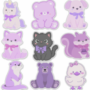 Adesivo Conjunto de Amigos de Animais Roxos Pastel Kawaii