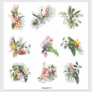 Adesivo Conjunto de flores tropicais, palmeiras e aves.