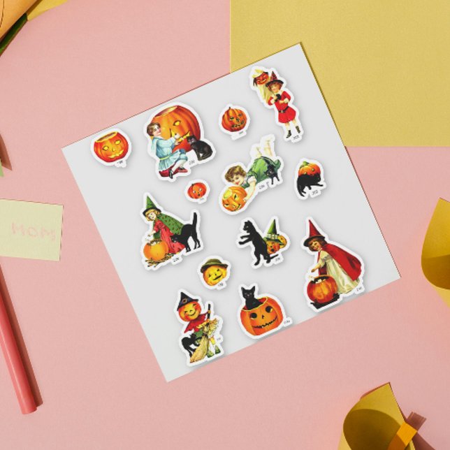 Adesivo Conjunto Vintage de Bruxas Gato Abóbora Halloween (Criador carregado)