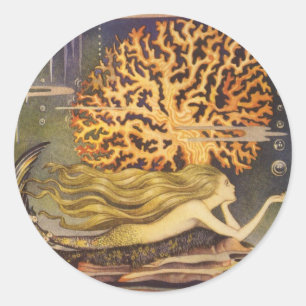 Adesivo Conto de fadas do vintage, sereia pequena no coral