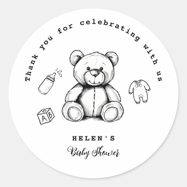 Adesivo Convite de Chá de Bebê Urso de Pelúcia, Neutro em  (Frente)