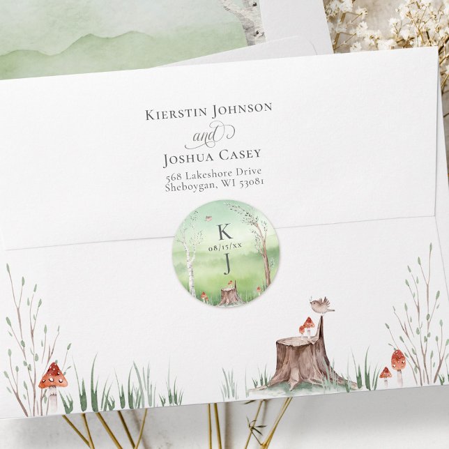 Adesivo Convite Para Casamento De Boho De Árvore De Aquare (Watercolor green trees whimsical cottagecore wedding monogram invitation envelope closure sticker)