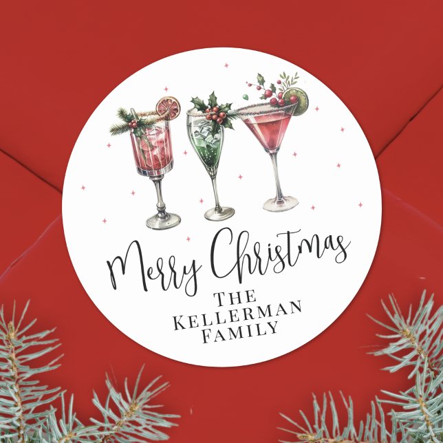 Adesivo Coquetéis Festivos Feliz Natal (Festive Cocktails Merry Christmas Classic Round Sticker)