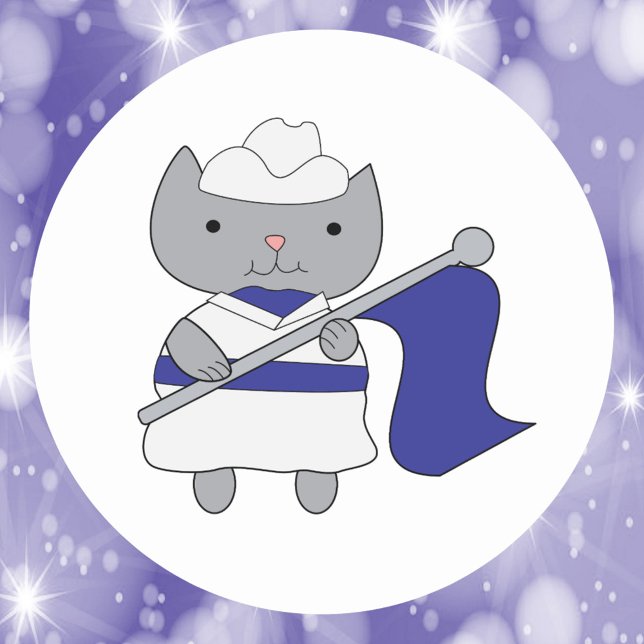 Adesivo Cor Guarda Azul Branco (A cute sticker with a gray cat dressed in a blue and white color guard outfit.)