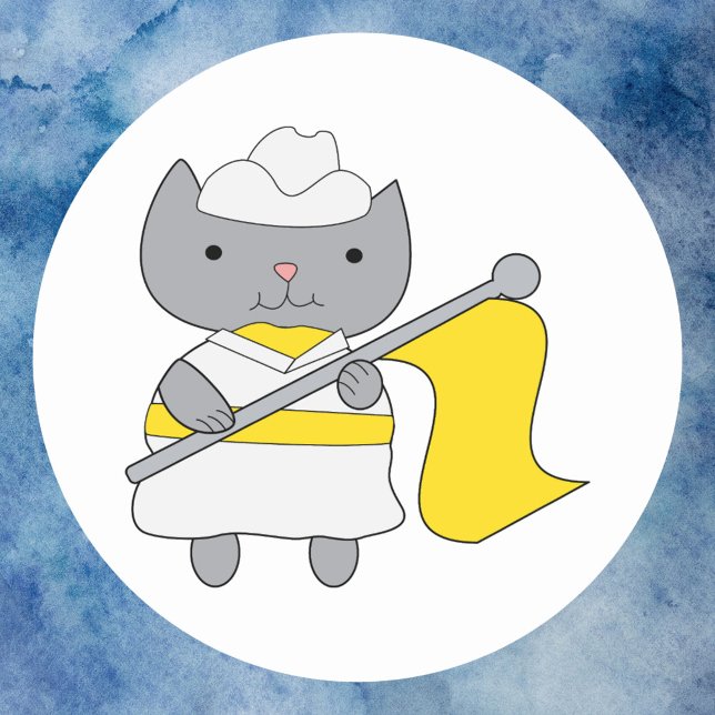 Adesivo Cor Guarda Gato Amarelo e Branco (A sticker featuring a cat wearing a yellow and white marching band uniform.)