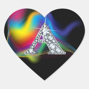Adesivo Coração "A" Diamond Bling no Rainbow Swirl Heart Sticker