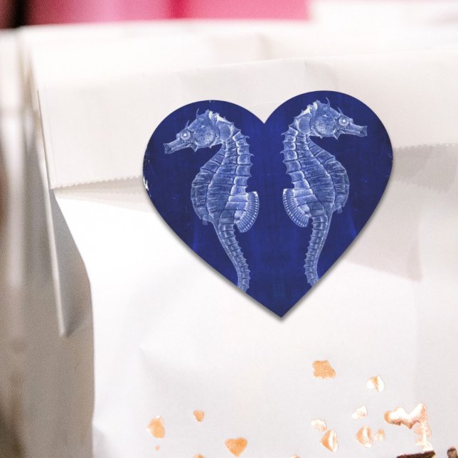 Adesivo Coração amante da praia cavalos-marinhos azuis do oceano l (beach lover coastal ocean blue seahorses heart sticker)