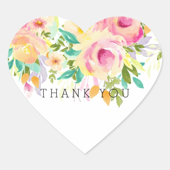 Adesivo Coração Amarelo, cor-de-água rosa, floral Obrigado (Frente)