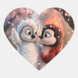 Adesivo Coração Amber & Frosty Cute Fire and Ice Penguin Sticker