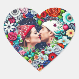 Adesivo Coração Amor | Coração Floral Teal e Vermelho com Pic Casa