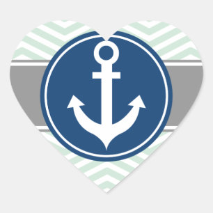 Adesivo Coração Âncora náutica verde Chevron da hortelã