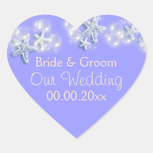 Adesivo Coração Aniversário de praia de peixe-estrela branco-roxo (Frente)