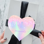 Adesivo Coração Aniversário do arco-íris rosa de ouro iridescente,<br><div class="desc">Um fundo iridescente de tendência com cores pastel unicórnio e arco-íris em cor rosa, roxo, rosa, verde da casa da moeda. Decorado com pingos de brilho falso em ouro rosa, rosa e roxo. Letras cor púrpura. Personalize e adicione seu nome escrito com um script de estilo escrito à mão sul....</div>