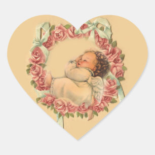 Adesivo Coração Anjo do bebê do vintage que dorme em uma grinalda