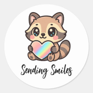 Adesivo Coração Arco-íris Feliz Guaxinim Kawaii Enviando S