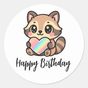 Adesivo Coração Arco-Íris Feliz Kawaii Guaxinim Feliz Aniv