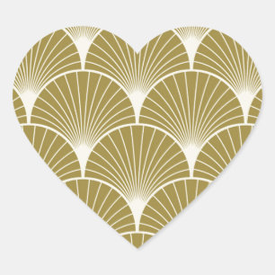 Adesivo Coração Art deco, scallop, teste padrão, ouro, branco,