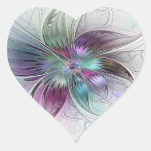 Adesivo Coração Arte Fractal Moderna Floral Colorida Abstrato