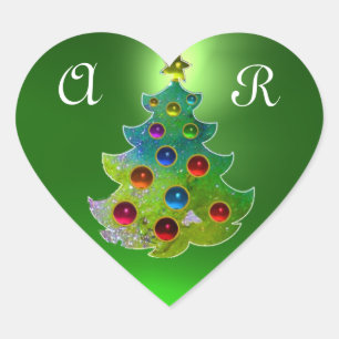 ADESIVO CORAÇÃO ÁRVORE DE NATAL COLORIDA EM BRILHOS VERDES E DOURA