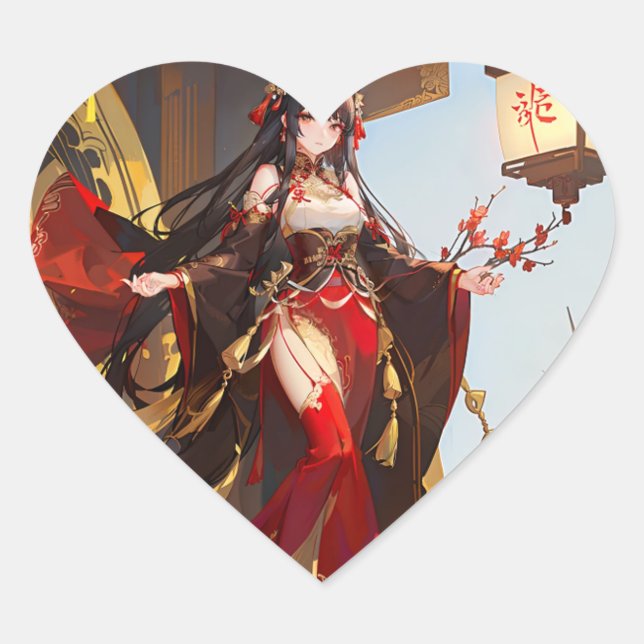 Adesivo Coração Autocollant fille manga avec robe soiree rouge (Frente)