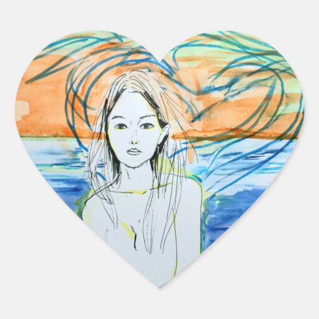 Adesivo Coração Aves marinhas (Aquarela, Tinta) (Frente)