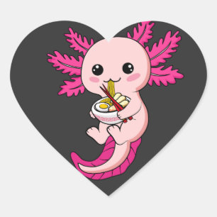 Adesivo Coração Axolotl Eating Ramen Noodles Kawaii Anime