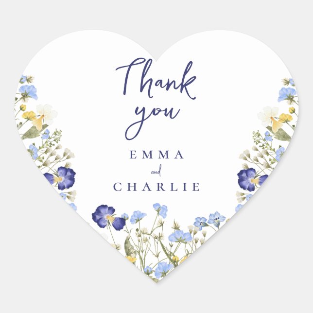 Adesivo Coração Azul botânico Boho Flores Selvagens Casamento russ (Frente)