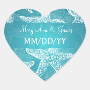 Adesivo Coração Azul da estrela do mar da data do casamento de
