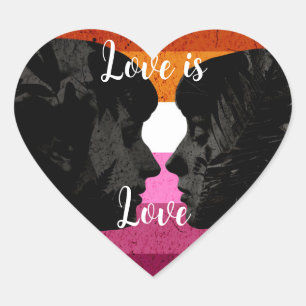 Adesivo Coração Bandeira Lésbica com Duas Mulheres Silhouettes