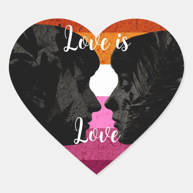 Adesivo Coração Bandeira Lésbica com Duas Mulheres Silhouettes (Frente)