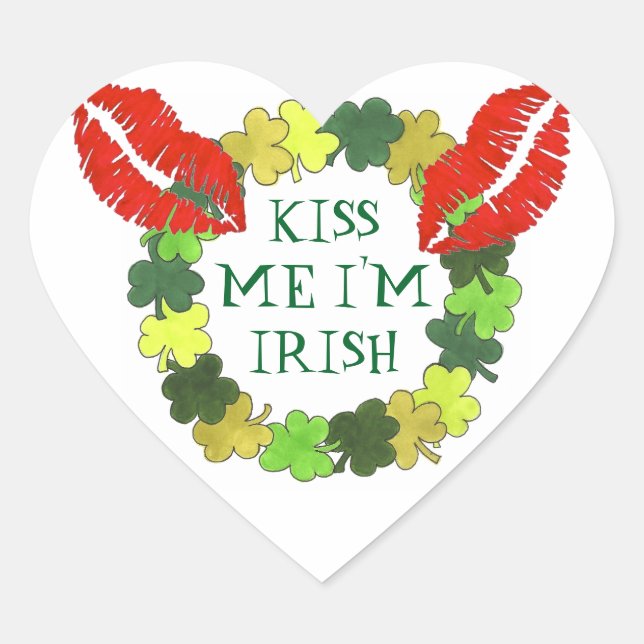 Adesivo Coração Beije-me Sou Irlandês Verde Shamrock Lipstick Kiss (Frente)