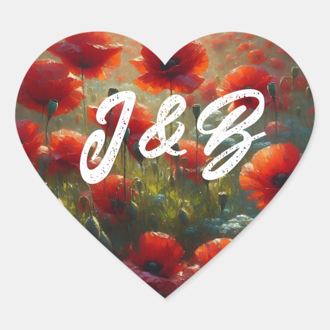 Adesivo Coração Boas-vindas ao Casamento Floral de Poppies Vermelh (Frente)