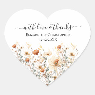 Adesivo Coração Boho Wildflower Beige Weding Favor Stickers