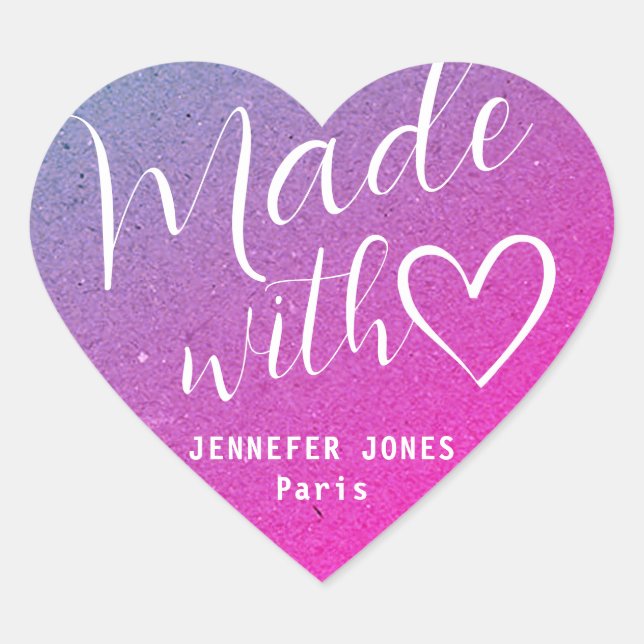 Adesivo Coração Bonito feito com amor caligrafia rosa púrpura (Frente)