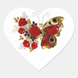 Adesivo Coração Borboleta de flor vermelha com rosas vermelhas