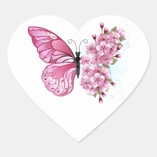 Adesivo Coração Borboleta Flor com Sakura Rosa (Frente)
