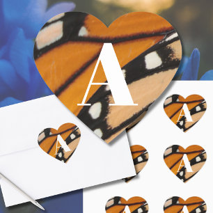 Adesivo Coração Borboleta Monarca Asa Laranja e Preto Iniciais