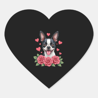 Adesivo Coração Boston Terrier com Corações de Rosas Vermelhas Cam