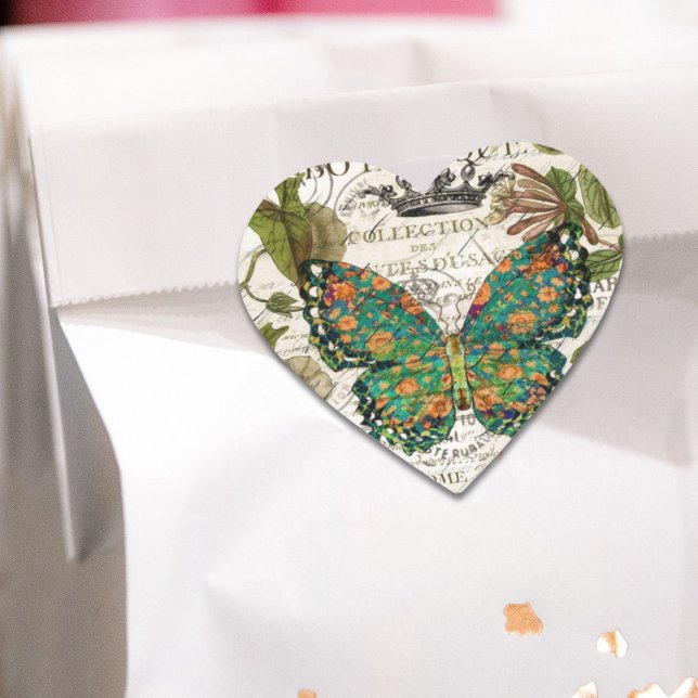 Adesivo Coração botânico arte francesa script saúva borboleta (botanical art french country script leaf butterfly heart sticker)
