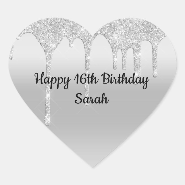 Adesivo Coração Brilho Pingando Prata Personalizado Aniversário  (Frente)