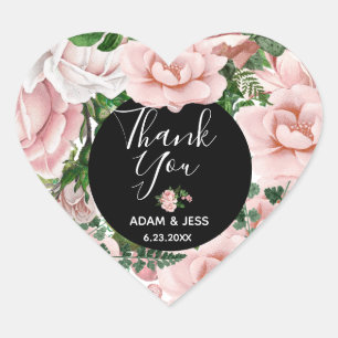 Adesivo Coração Buquê Floral Cor-De-Rosa Personalizado Obrigado