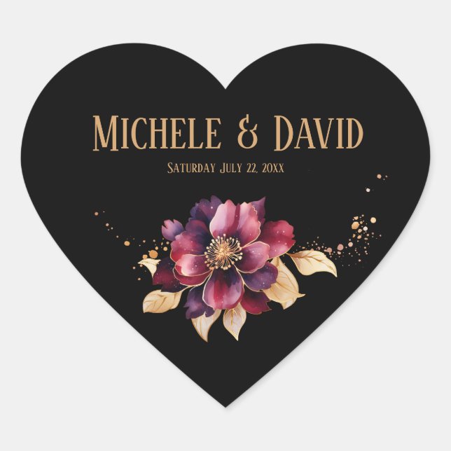 Adesivo Coração Burgundy de ouro negro elegante (Frente)